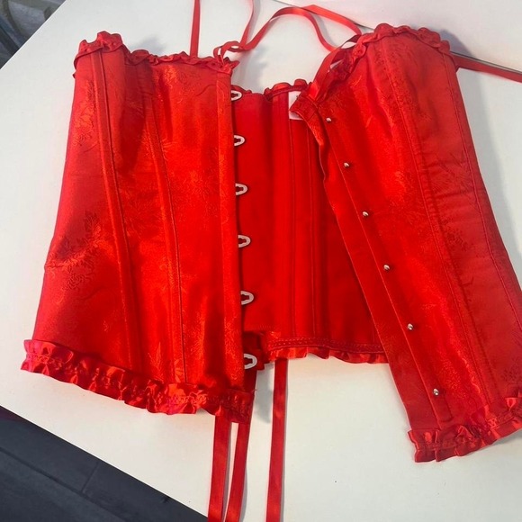 Red Valentine Brocade Corset Bustier Victorian Lace Up Boned Fashion Size Med - Picture 7 of 8